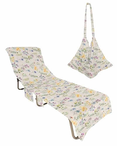 Spring Floral Beach Lounge Chair Towel Cover, Soft Chaise Lounge Towel with Side Pockets Patio Pool Chairs Cover for Beach/Pool Sunbathing 29x85 Rustic Botanical Summer Flowers Colorful