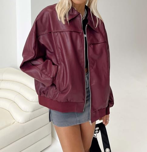 FOMOYUU Leather Jacket Women Faux Oversized Motorcycle Zipper Bomber PU Bike Coat 2024 Fall Fashion Outfits with Pockets3
