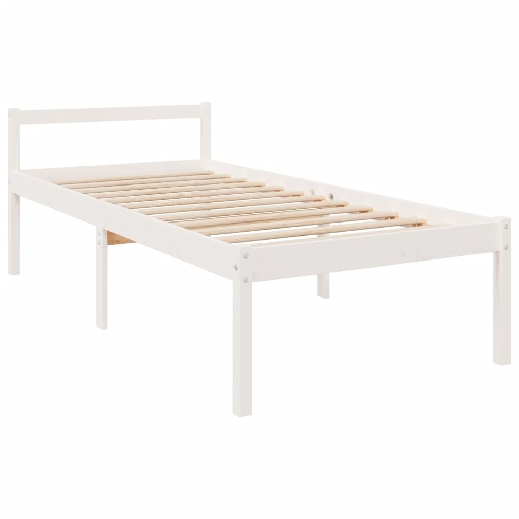 Seniorenbett 90x190 cm mit Kopfteil, Massivholz Kiefer Bettgestell in Weiß, Seniorengerechtes Holzbett mit 45 cm Sitzhöhe, Einzelbett für Senioren und Erwachsene