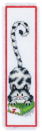 Image of Vervaco Cross Stitch Embroidery Kit for Adults, Set Pre-Printed with Design on 100% Cotton Fabric, Templates 2,4 x 8 Inches - 6 20 cm, Bookmark Kit, Cat & Book