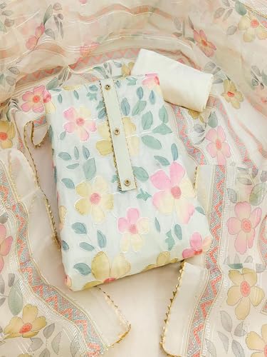 Image of Peachmode Floral Printed Organza Dress Material | Unstitched Suit Set with Santoon Bottom, Inner & Embroidered Organza Dupatta for Women