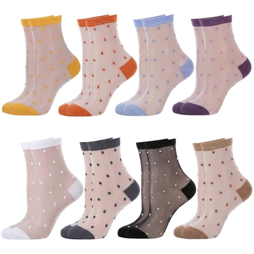 HJZHII 8 Pairs Women Sheer Ankle Socks See-Through Sock with Mesh Polka Dot