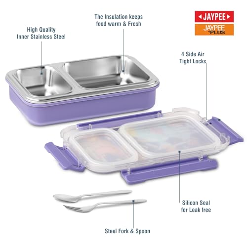 Image of JAYPEE Toon Box 2 Disney Princess Inner Stainless Steel Insulated Lunch Box for School Kids |Airtight Leakproof Tiffin Box with 2 Additional Lock |Food Grade|BPA Free, 545 ml, Violet