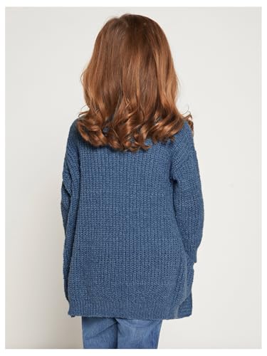 BEAUDRM Girl\'s Long Sleeve Open Front Cardigan Drop Shoulder Solid Knit Sweaters Outerwear with Pocket Dusty Blue 6Y