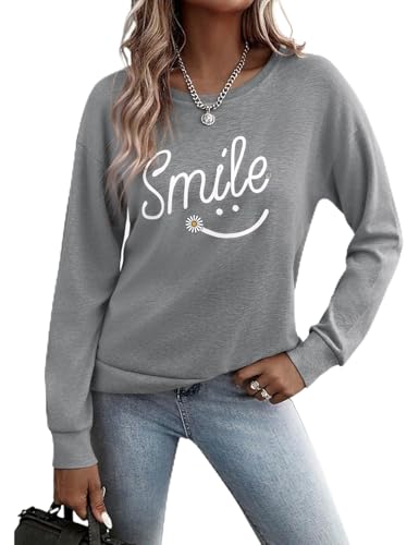 Gyabnw Sweat Femme sans Capuche Sweat-Shirt Modèle Léger Chic Imprimé Smile Sweatshirt à Manches Longues Col Rond Pulls Femme Printanier Automne Elegant Décontractée Pullover Ample à Ourlet Côtelé