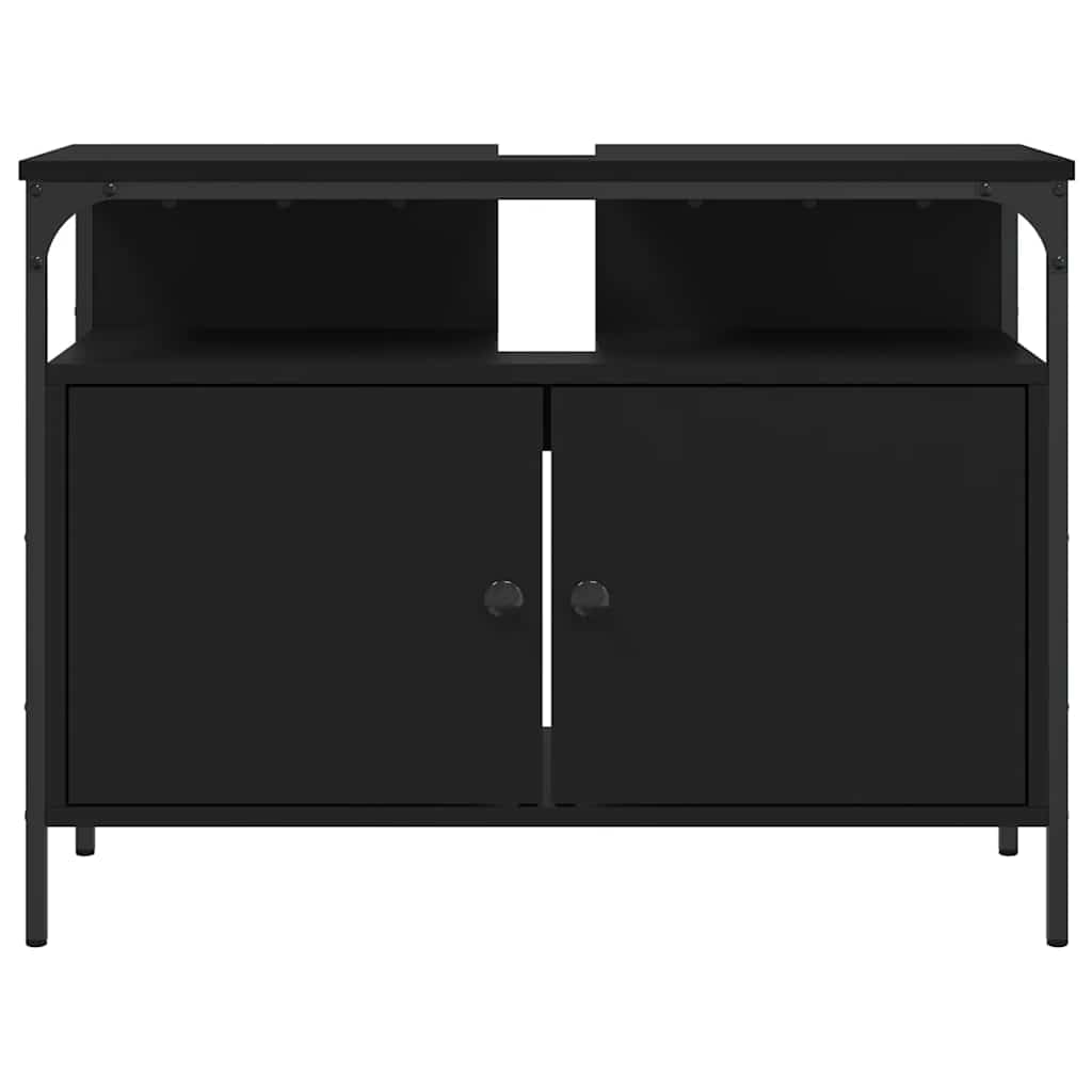 Waschbeckenunterschrank Schwarz 80x30x60 cm Holzwerkstoff, pulverbeschichtetes Stahl Gestell, mit Schublade, Siphon Öffnung 8x20 cm, platzsparender Bad Waschtisch Stauraum