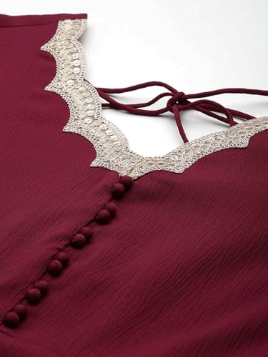 Image of Varanga Women Maroon Zari & Sequins Embellished Anarkali Kurta with Bottom and Dupatta - V-Neck, Potali Button Yoke, Long Sleeves