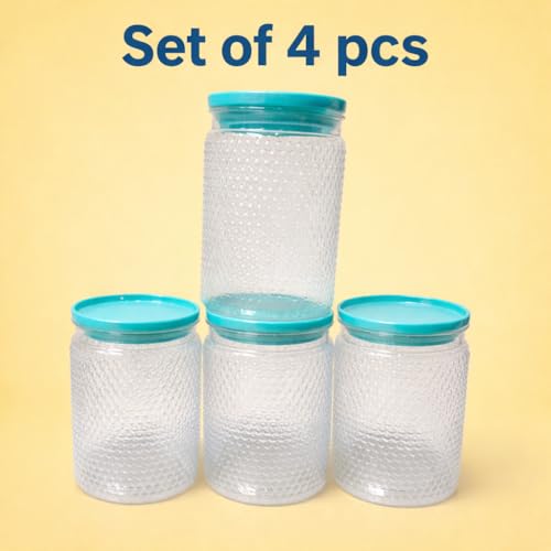 Image of Set of 4 Transparent Airtight Storage Jars with Textured Bubble Design & Leak-Proof Lids | Multi-Purpose Kitchen Containers for Dry Fruits, Snacks, Spices & Cereals