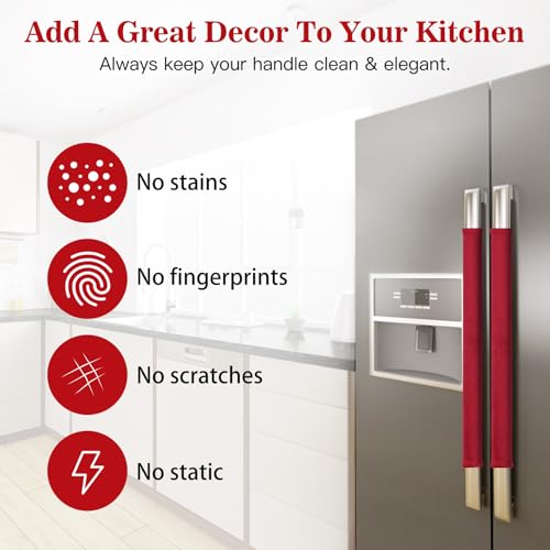 Image of Nuovoware Refrigerator Door Handle Covers Set of 4, Make Kitchen Appliance Fridge Oven Microwave Dishwasher Clean,Protect Antiskid Washable Decor Cloth,Keep Off Smudges Fingerprint Oil Stain, Red