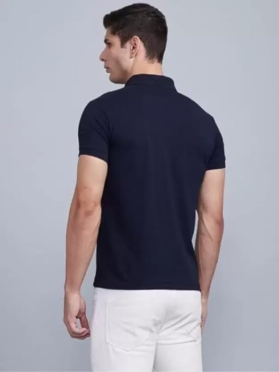Image of Solid Polo T-Shirt Zip Collar Cotton Blend Half Sleeves for Men's
