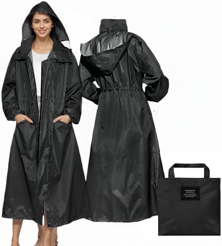 LAMA Womens Long Raincoats with Hood, Waterproof Reusable Packable Rain Coat with Long Sleeves for Adults Womens Ladies, Rain Coat for Bike Moto Riding Hiking Trekking