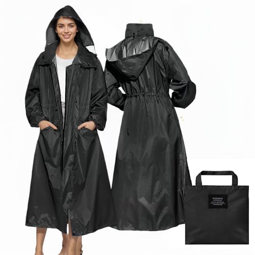 LAMA Stilvoller langer Regenmantel Regenponcho mit Wasserdichte Pattentasche Kapuze Tunnelzug Erwachsene Regenbekleidung Regencape Regenjacke Raincoat Regenschutzbekleidung...