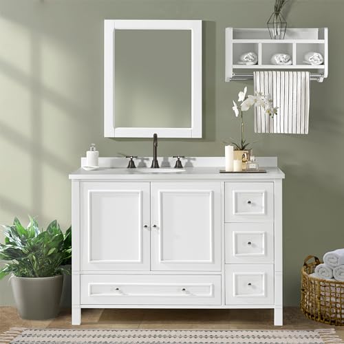 Alaterre Furniture Williamsburg Bathroom Vanity 3-Piece Set - 48 Inch Vanity, Mirror, and Wall Shelf - Solid Wood Bathroom Sink Cabinet Set (White)