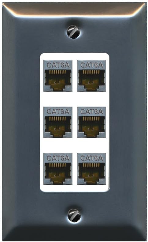 RiteAV - 6 Port Cat6A Ethernet Wall Plate - 1 Gang Decorative [Stainless/White]