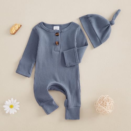 Neutral Baby Clothes Newborn Girl Boy Coming Home From Hospital Outfit Cute Ribbed Knit One-Piece Romper Jumpsuit Hat3