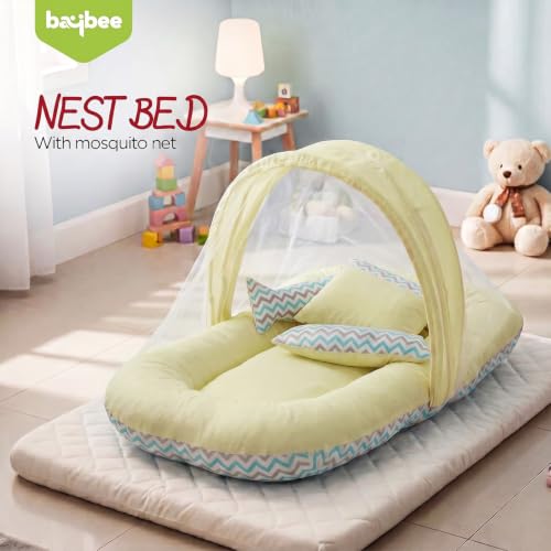 Image of BAYBEE Baby Bedding Set for New Born Baby, Bed Mattress with Mosquito Net & Neck Pillow, Sleeping Nest Travel, Infant Toddler Bed Set Gifts for Baby Boy Girl 0-6 Months (Green)