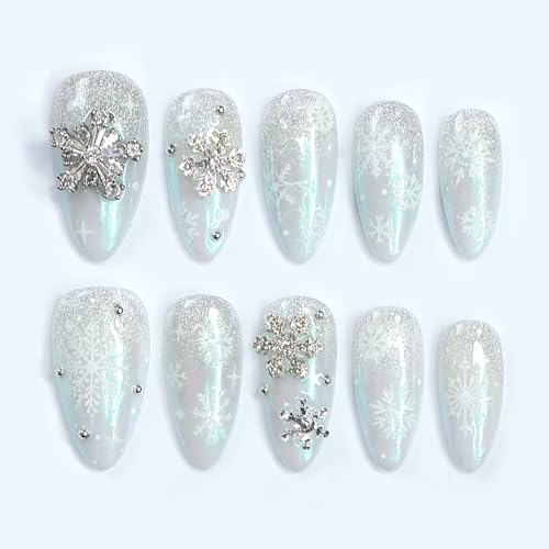 Almond Press on Nails Medium Fake Nails with 3D Snowflake Glitter Designs Winter Nails Press ons White Acrylic Nail Glossy Glue on Nail Artificial Cute Stick on Nail for Women 24Pcs