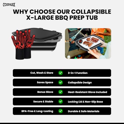 XL Collapsible BBQ Prep Tub with Cutting Board & Drain Plug – Portable Food Prep Station for Kitchen, Camping & Grill – Dishwasher Safe, Space-Saving Design – Heat-Resistant Glove Included (Black) - Image 5