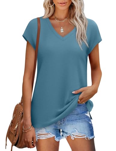 Womens Cap Sleeve 2026 Summer Tops Trendy V Neck Loose Fit Shirts Blue Green L