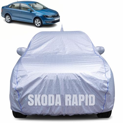 Image of 100% Waterproof Car Body Cover for Skoda Rapid with Mirror Pocket, Heat & UV Resistant, Triple Stitched, Soft Lining, Bottom Elastic & Piping (Silver Reflective)