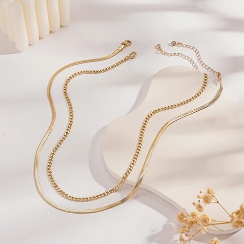 Moodear Gold Necklace for Women Trendy Dainty 14K Gold Plated Layered Necklace Cuban Link Herringbone Chain Choker Necklace Stack Fashion Jewelry — view 4