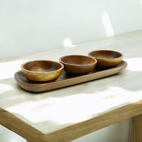 Acacia Wood Calabash Bowls w/ Baguette Tray, 4-Pc Appetizer Serving Set by WRIGHTMART - Used condition - Image 3