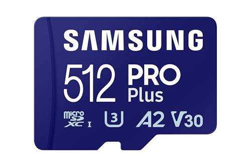 Samsung PRO Plus Tarjeta de memoria MicroSD con Adaptador SD, 512GB, 180 y 130 MB/s, Full HD & 4K UHD, UHS-I, U3, V30, A2, Compatible con Smartphone Android, Tableta, GoPro y Dron DJI (MB-MD512SA)