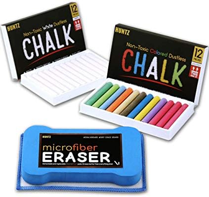 Huntz Dustless Chalk With Microfiber Eraser (Washable & Reusable) (12 White Chalks 12 Colored Chalks With Eraser)