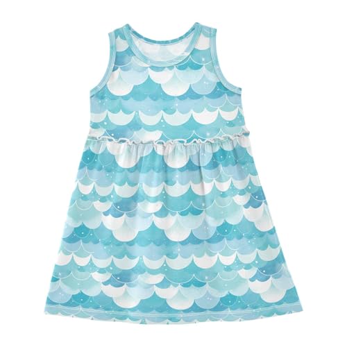 KLL Glitter Teal Mermaid Scales Pattern Baby Girls Party Dresses Swing Sundress Spring Summer Round Neck