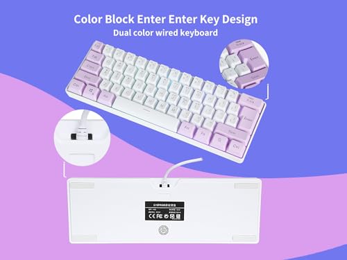 SAMA Gaming Keyboard 60 Percent, 61 Keys RGB Backlit Wired Keyboard, Waterproof Mini Compact Gaming Keyboard for PC/Mac Gamer, Travel, Easy to Carry on Business Trip - White Purple - Thumbnail 6