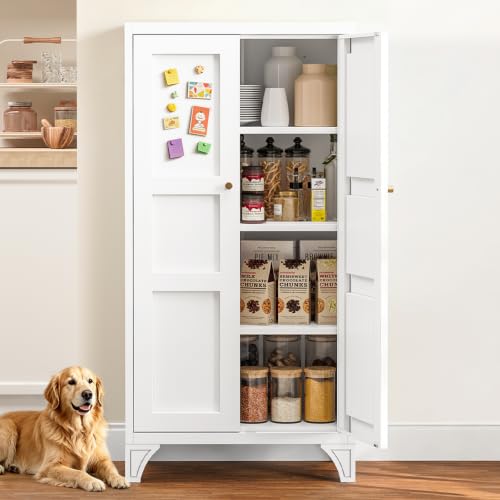 Image of Yizosh Metal Storage Cabinet with Doors and 3 Adjustable Shelves - 47 inch White Kitchen Pantry Storage Cabinet Locker for Kitchen,Living Room,Dining Room