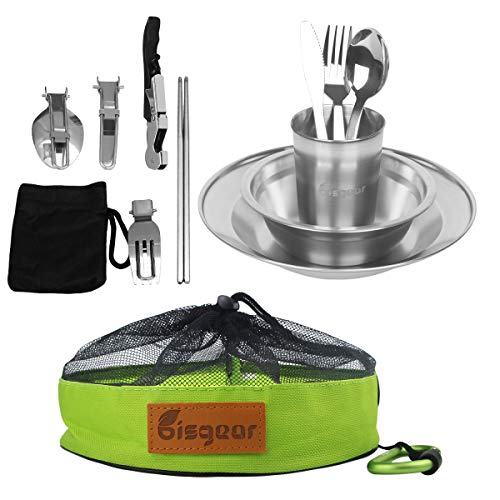 Bisgear 13pcs Stainless Steel Tableware Mess Kit Includes Plate Bowl Cup Spoon Fork
