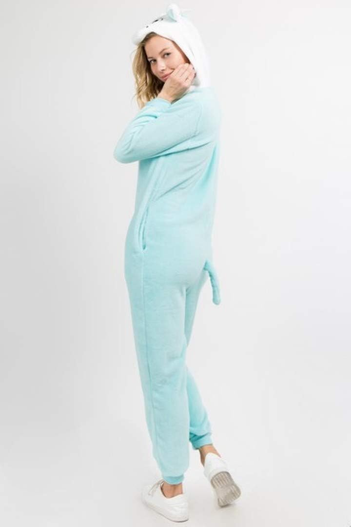 Yelete Plush Blue Unicorn Animal Adult Jumpsuit Pajama Costume, M/L - Image 2