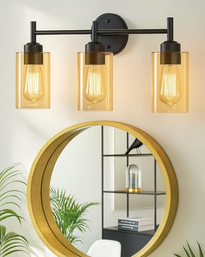 Image of Homesake Black Wall Sconce,Modern Bathroom Wall Light Fixtures 3-Light Bathrooms Vanity Light, Bathroom Lights Over Mirror, Farmhouse Glass (Amber)