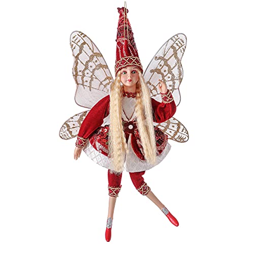 PICUKI Girl Fairy Christmas Tree Decorations Red Elves Home Decor Handmade Doll Angel Hanging Bauble Decoration Christmas Tree Ornament Fairy with Sparkly Wings, 13Inch H (Red)