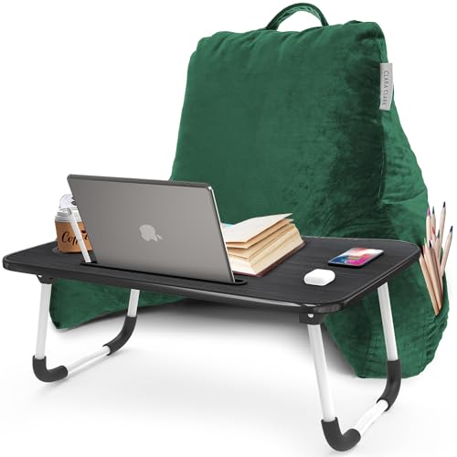 Clara Clark Reading Pillow with Portable Lap Desk for Laptop Set, Back Pillow for Sitting Up in Bed, Memory Foam Back Support Pillow, Bed Rest Pillow with Foldable Laptop Desk, Standard - Dark Green