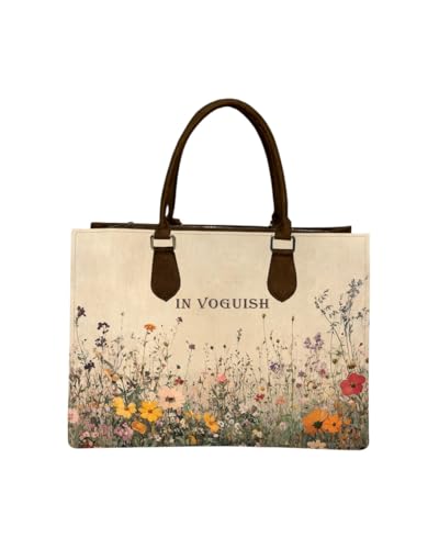 Image of Customized Wildflower Canvas Tote Bag, Custom Name Large Laptop Handbag (Fits 15 inch), Eco-Friendly Vintage Floral Print Shoulder Bag with Vegan Suede - 16 inch inch Aesthetic Office & Travel bag