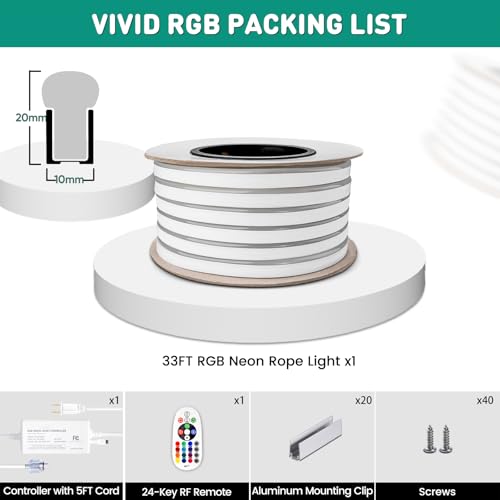 GZBtech RGB LED Neon Rope Lights 33FT/10M, AC 110-120V Waterproof Color Changing LED Rope with Remote Control, Dimmable Multi Color Strip Lighting for Indoor Outdoor Commercial Use, ETL Listed by GZBtech - Used condition - Image 2