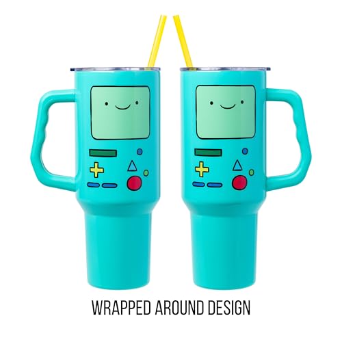 Image of Silver Buffalo Adventure Time Featuring BMO Double Walled Stainless Steel Tumbler with Handle and Straw, Fits in Standard Cup Holder, 40 Ounces