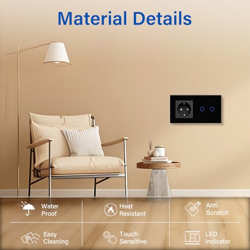 BSEED Steckdose mit Lichtschalter,Glas Touch Lichtschalter Unterputz Schalter,Schuko Steckdose mit 2 Fach 1 Wege Wandschalter Schwarz(Nicht Smart Schalter)