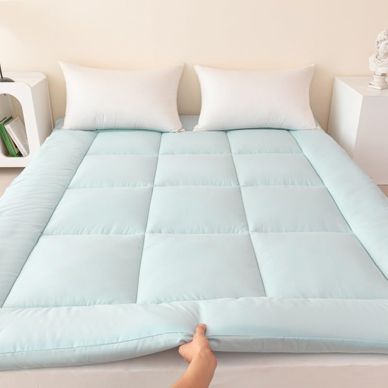 Japoński materac podłogowy futon o grubości 8 cm zwijany nakładka na łóżko, składany, do pokoju gościnnego, sypialni, kampera, czarny (niebieski, pełny 120 x 203 cm)