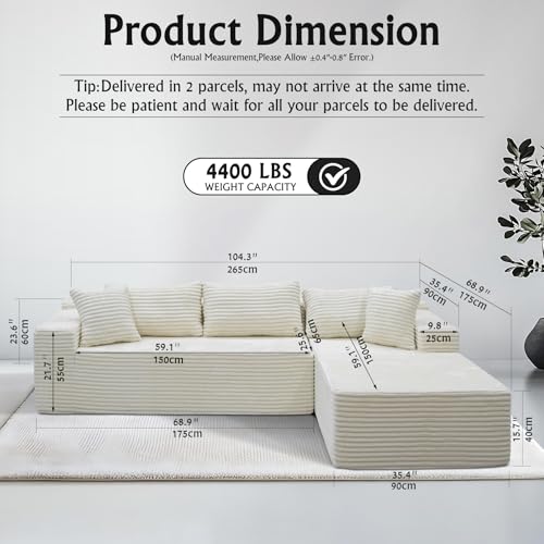Image of Sectional couches for Living Room Corduroy Couch, 104 inch Cloud Sectional Couch with L-Shape Chaise, Modern Modular Sofa, Deep Seat Comfort, No Assembly Required(Plush Corduroy, Right Facing Chaise)