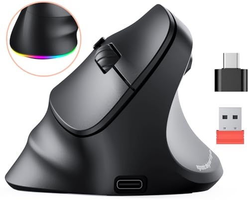 Image of MEETION Ergonomic Mouse, Wireless Vertical Mouse RGB Backlit Rechargeable Mice for Bluetooth(5.2 + 3.0) & USB-A with USB-C Adapter 4 Adjustable DPI for Mac /Windows /Andriod /PC /Tablet /iPad Black