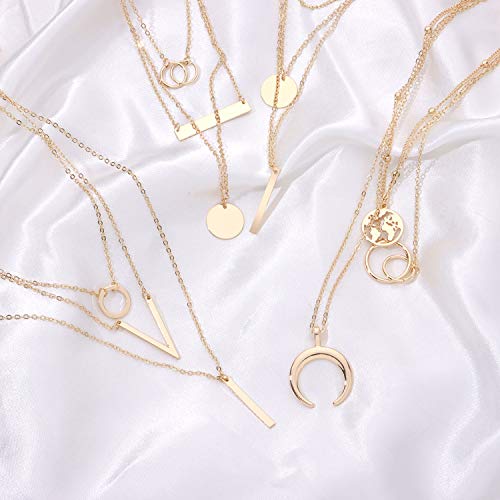 Biokia 6 Pieces Layered Necklaces For Women Long Necklaces Gold Choker Necklaces Map Coin Bar Crescent Moon Necklace Layered Y Pendant Necklace Multilayer #TOP2