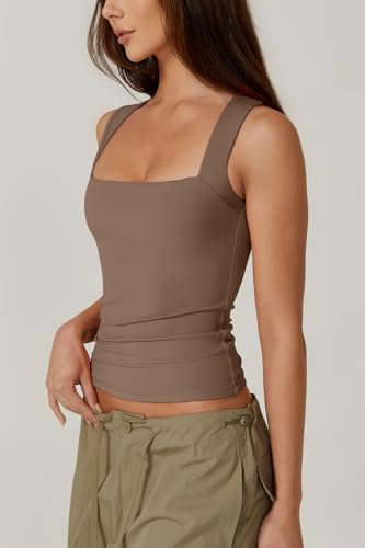 Image of QINSEN Women's Square Neck Sleeveless Double-Layer Tank Tops Basic Tight T Shirts