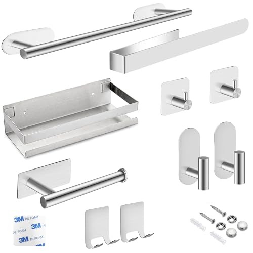 MAISONLAND - Kit de Accesorios Baño Sin Taladro | 10 Piezas, Acero Inoxidable, Pegatina Doble Cara Incluida | Toalleros de Baño Sin Taladro, Estantería Baño sin Taladro, Portarrollos Papel Higiénico