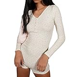 Minetom Bodysuit Damen Langarm Jumpsuit mit Blumendruck Y2k Langärmeliger Einteiler Bodysuit V-Ausschnitt Bodycon Shorts Dehnbarer Pyjama Onesie Strampler 90er E-Girl Y2K Style A Weiß S