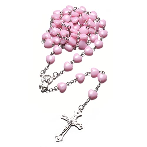 Rosario católico hecho a mano en resina rosa para niños con cruz decorada Cover