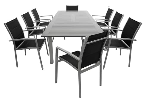 DEGAMO Gartengarnitur BAJAZZO 9-teilig, 8X Stapelsessel aus Aluminium Silbergrau und gepolstertem Textilgewebe in schwarz sowie 1x Ausziehtisch Aluminium grau/Silbergrau, Outdoor