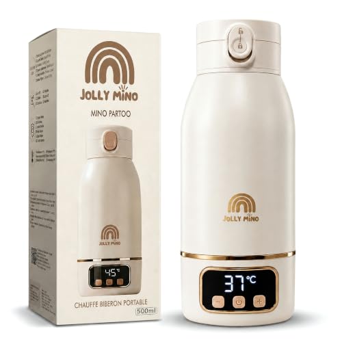 JOLLY MINO Flaschenwärmer Baby Unterwegs Tragbar Kabellos 500ml, Muttermilch & Wasser, Reise Auto Nacht, Silikonbürste Inklusive